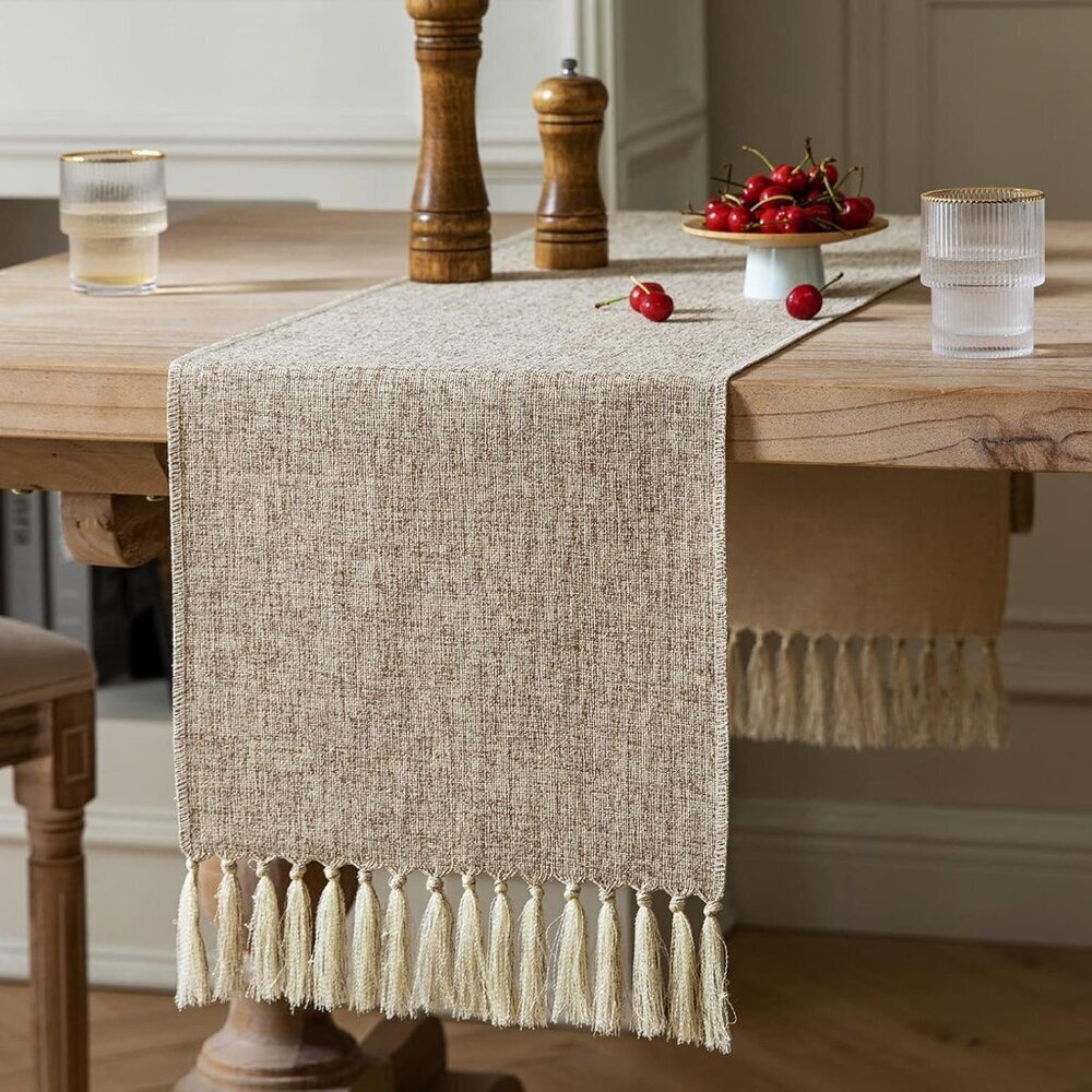 Beige Table Runners 72 Inches Long, Burlap Linen Style Rustic Farmhouse Table Ru
